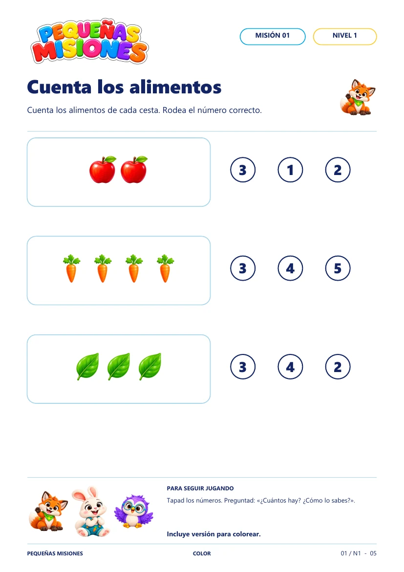 Actividad para contar manzanas, zanahorias y hojas